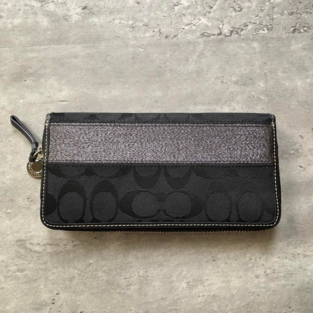 Coach Zip Around Wallet Women OS Black Anniversary Striped Signature Canvas